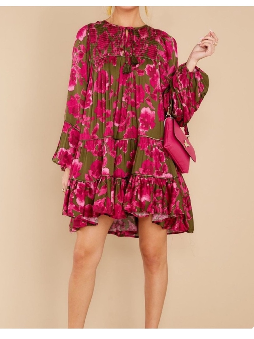 Olivaceous Floral Tiered Boho Olive Green & Hot
Pink Mini Dress Size S